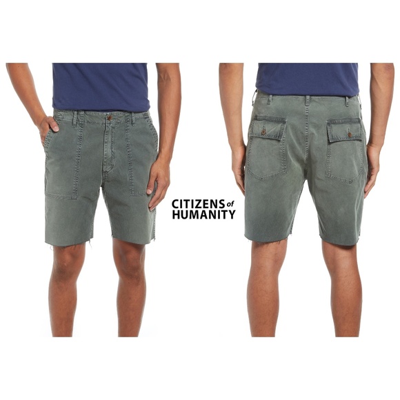 CITIZENS OF HUMANITY NWT FATIGUE RAW HEM DENIM ARMY GREEN SHORTS. SIZE 33